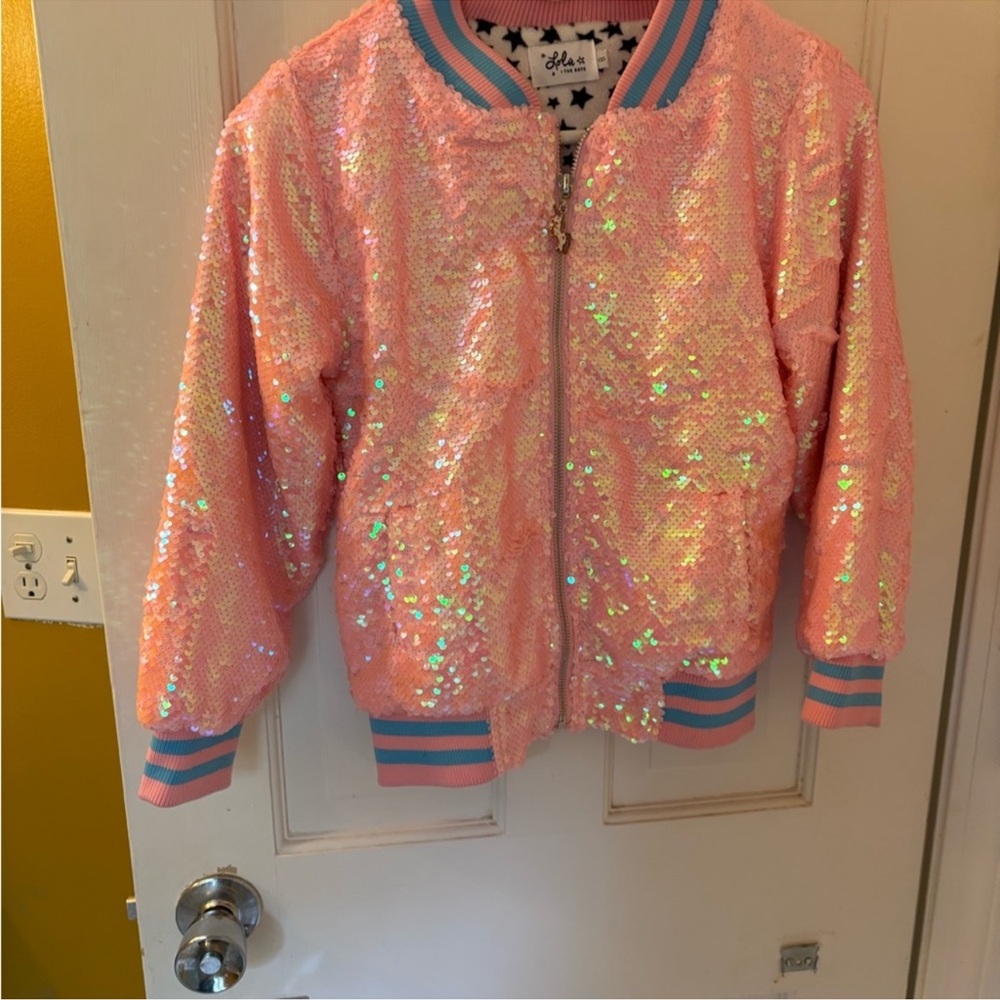 Lola + The Boys Pink Sequin Jacket with Blue Trim size 8 - Picture 3 of 6